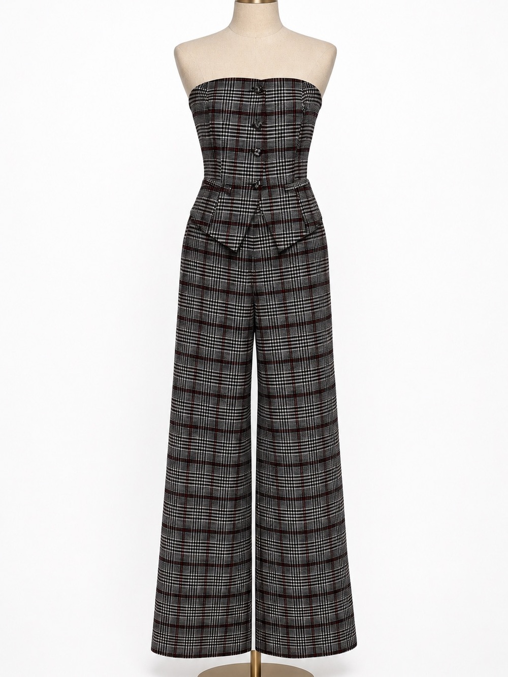 Fashion Nova Strapless Plaid Wide-Leg Jumpsuit - Black & Gray